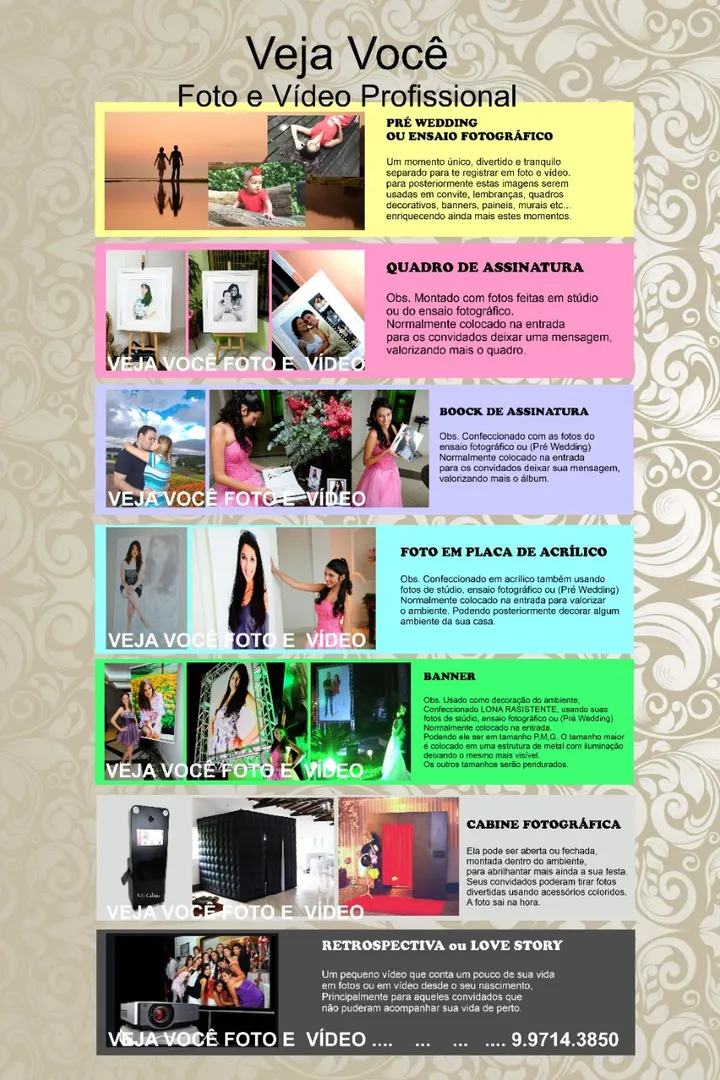 Folheto dos serviços da Veja Você: pré-wedding, quadro e book de assinatura, acrílico, banner, cabine fotográfica e retrospectiva